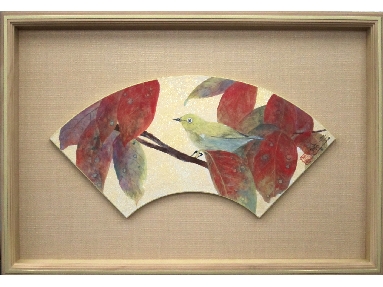 扇面画　目白と紅葉.JPG